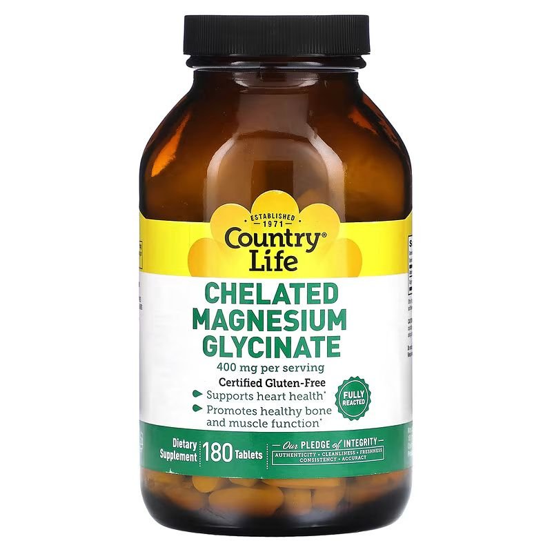 Витамины и минералы Country Life Chelated Magnesium Glycinate 400 mg, 180 таблеток,  мл, Country Life. Витамины и минералы. Поддержание здоровья Укрепление иммунитета 