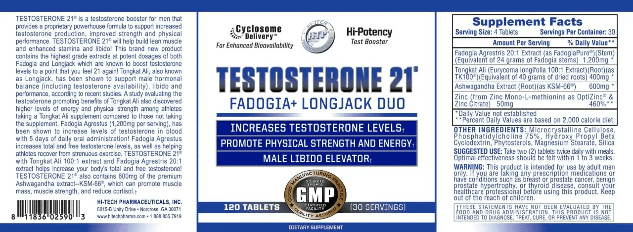 Hi-Tech Pharmaceuticals TESTOSTERONE 21 120 шт. / 30 servings,  ml, Hi-Tech Pharmaceuticals. Testosterone Booster