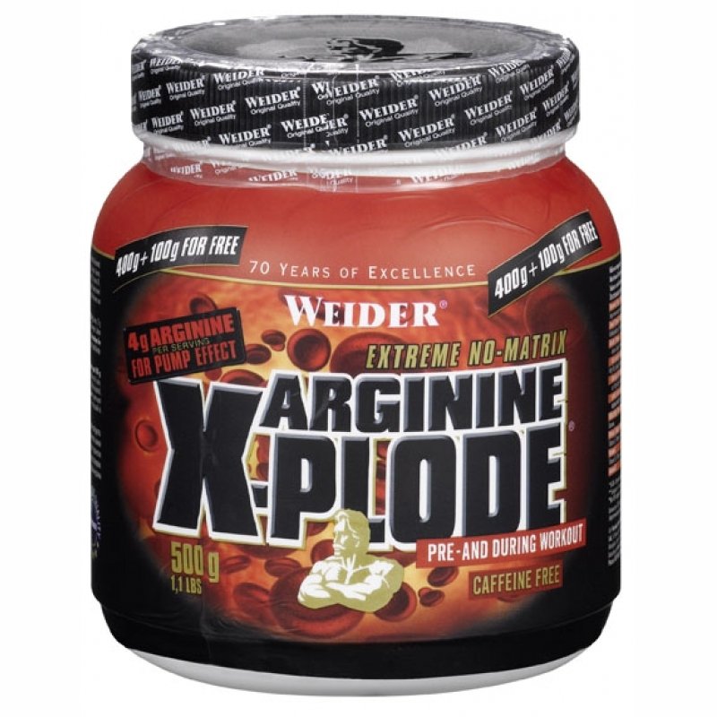 Arginine X-Plode, 500 g, Weider. Arginina. recuperación Immunity enhancement Muscle pumping Antioxidant properties Lowering cholesterol Nitric oxide donor 