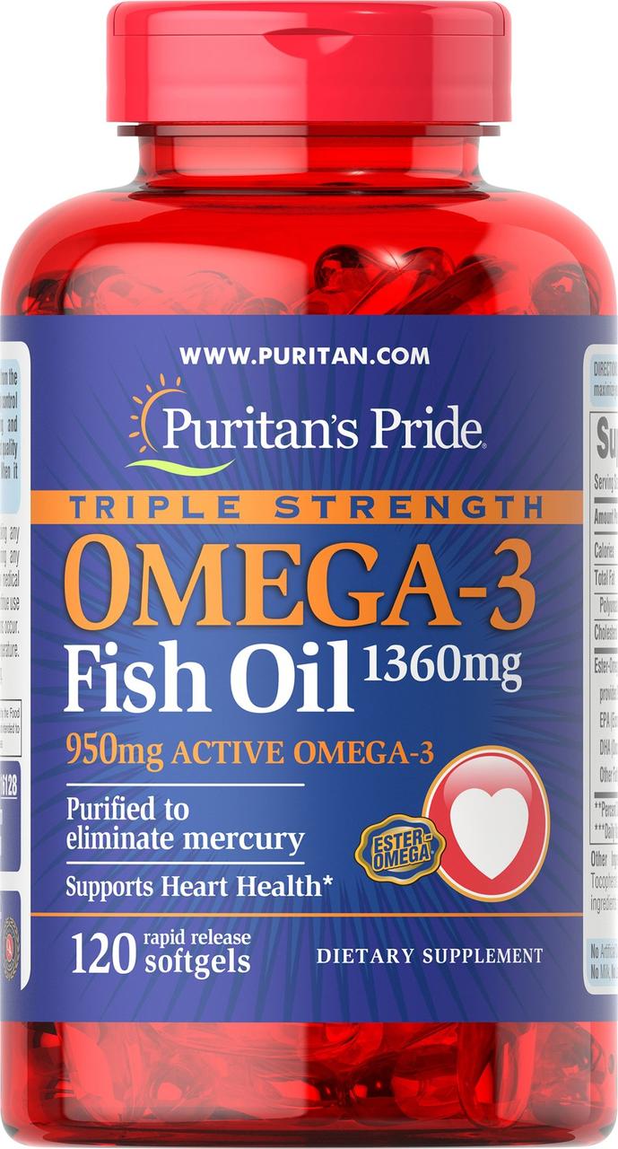 Puritan's Pride Triple Strength Omega-3 Fish Oil 1360 мг 120 softgels,  мл, Puritan's Pride. Омега 3 (Рыбий жир). Поддержание здоровья Укрепление суставов и связок Здоровье кожи Профилактика ССЗ Противовоспалительные свойства 