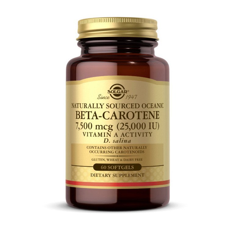 Бета-каротин Solgar Beta-Carotene 25000 IU 7,500 mcg 60 капсул,  мл, Solgar. Витамин А. Поддержание здоровья Укрепление иммунитета Здоровье кожи Укрепление волос и ногтей Антиоксидантные свойства 