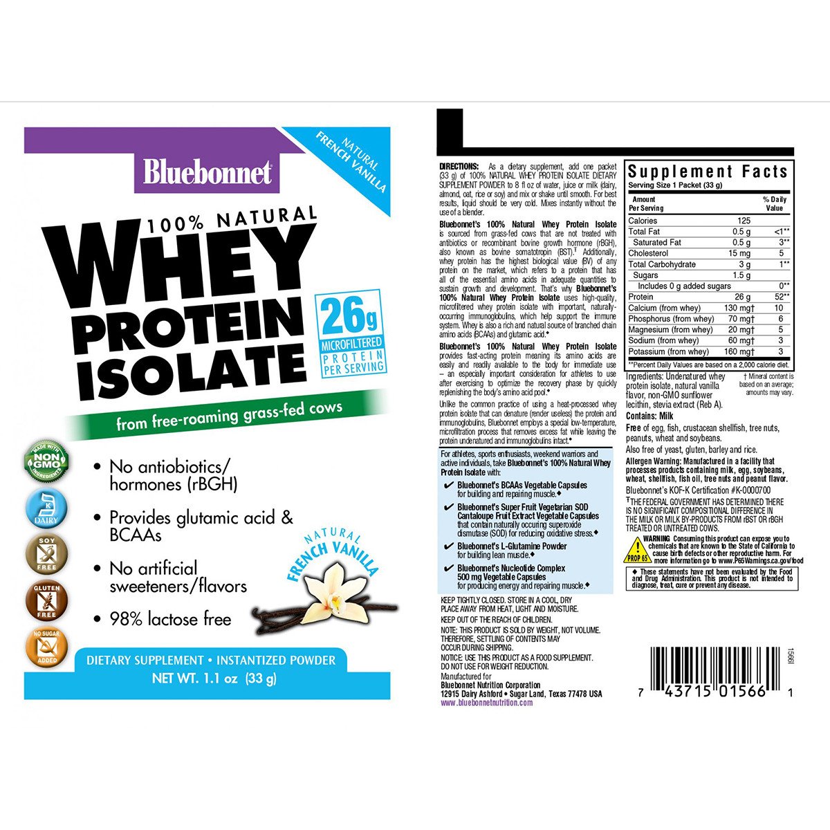 Сывороточный протеин изолят Bluebonnet Nutrition Whey Protein Isolate (8 пак) блюбонет нутришн ваниль,  мл, Bluebonnet Nutrition. Сывороточный изолят
