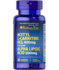 Acetyl L-Carnitine HCL 400 mg Alpha Lipoic Acid 200 mg, 30 piezas, Puritan's Pride. L-carnitina. Weight Loss General Health Detoxification Stress resistance Lowering cholesterol Antioxidant properties 