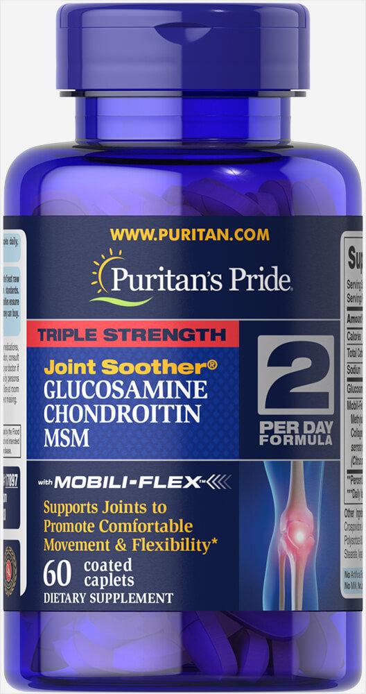 Triple Strength Glucosamine, Chondroitin & MSM Joint Soother®60 Caplets,  мл, Puritan's Pride. Хондропротекторы. Поддержание здоровья Укрепление суставов и связок 