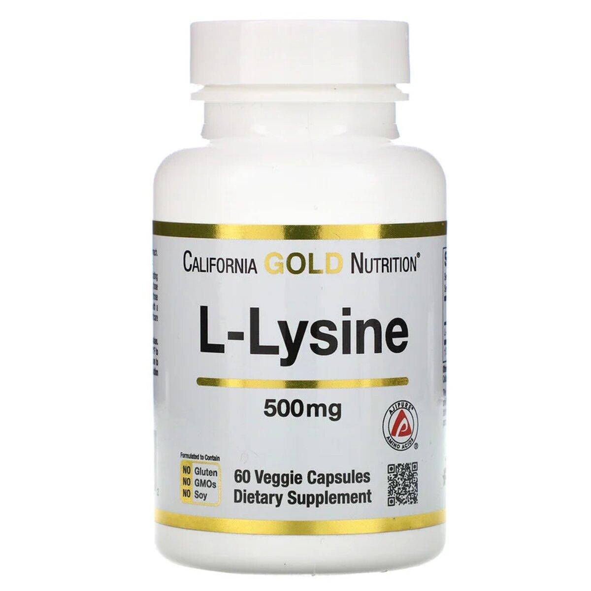 L-Лизин, L-Lysine, California Gold Nutrition, 500 мг, 60 растительных капсул,  мл, California Gold Nutrition. Лизин. 