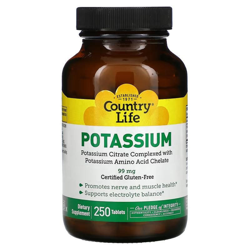 Витамины и минералы Country Life Potassium 99 mg,  250 таблеток,  ml, Country Life. Vitamins and minerals. General Health Immunity enhancement 