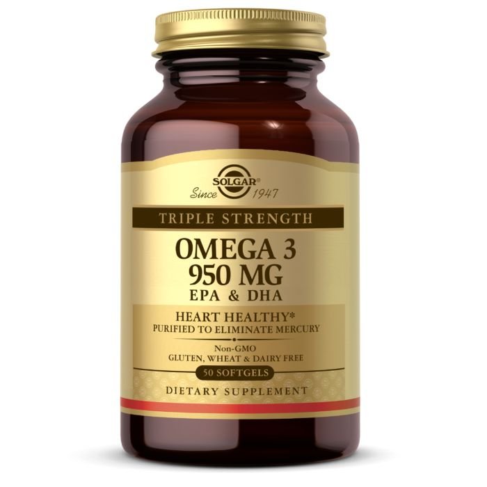 Жирные кислоты Solgar Triple Strength Omega 3 950 mg, 50 капсул,  мл, Solgar. Омега 3 (Рыбий жир). Поддержание здоровья Укрепление суставов и связок Здоровье кожи Профилактика ССЗ Противовоспалительные свойства 