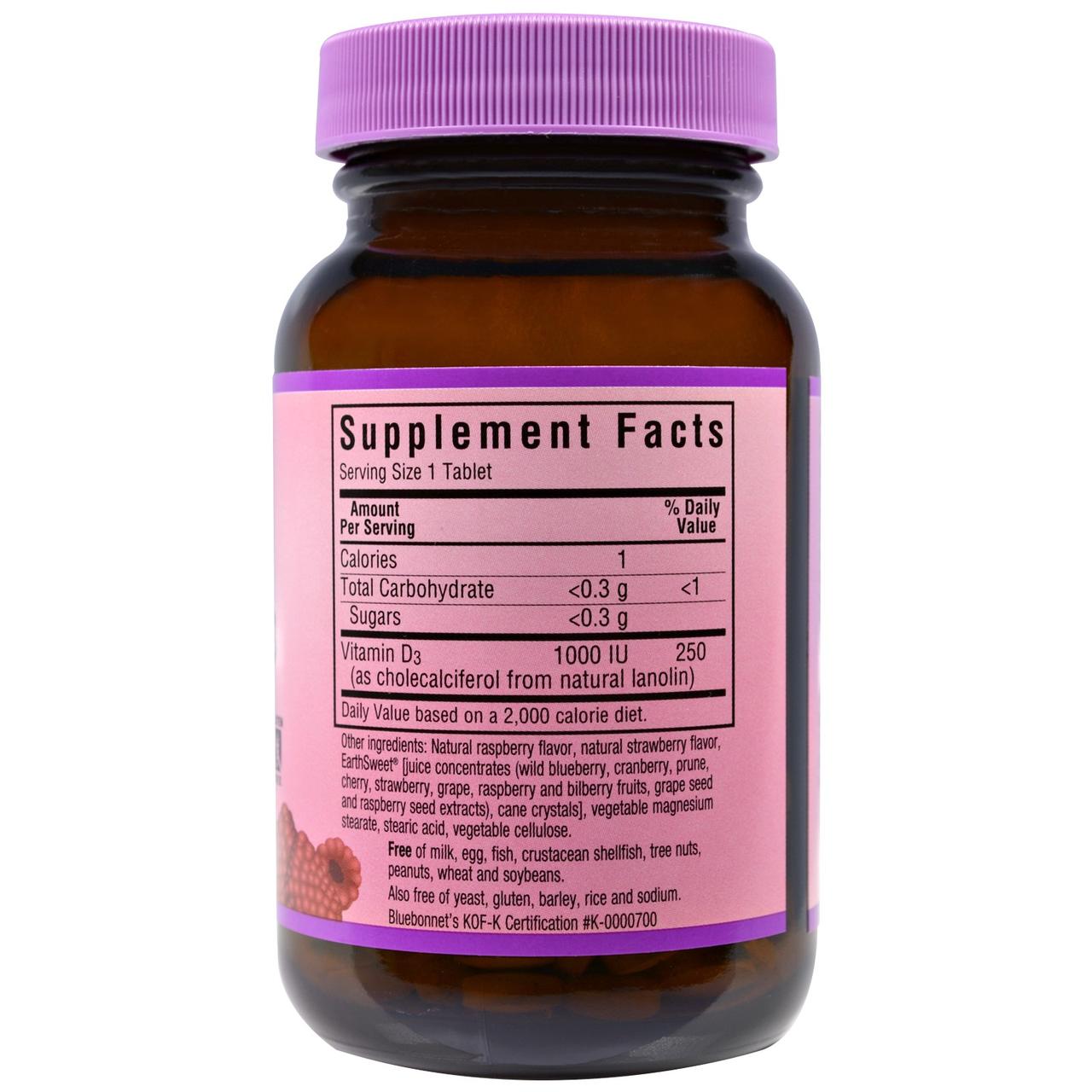 Витамин D3 1000IU, Вкус Малины, Earth Sweet Chewables, Bluebonnet Nutrition, 90 жевательных таблеток,  мл, Bluebonnet Nutrition. Витамин D