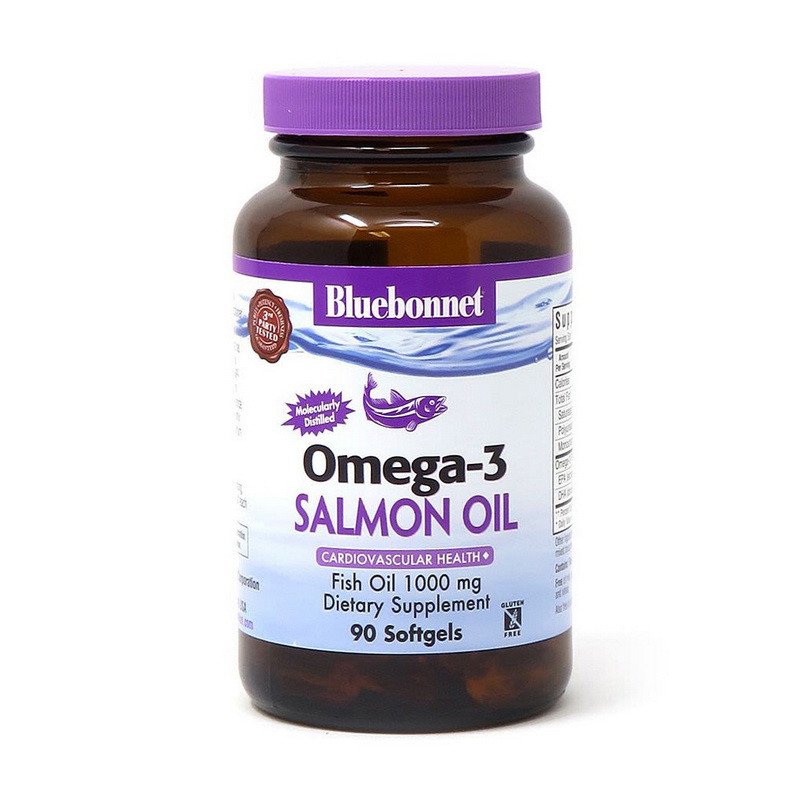Омега 3 Bluebonnet Nutrition Omega-3 Salmon Oil 90 капсул,  мл, Bluebonnet Nutrition. Омега 3 (Рыбий жир). Поддержание здоровья Укрепление суставов и связок Здоровье кожи Профилактика ССЗ Противовоспалительные свойства 