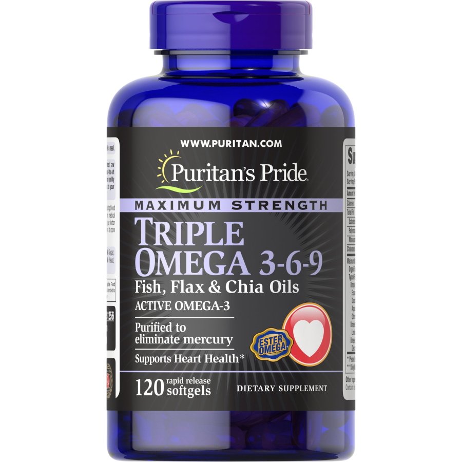 Жирные кислоты Puritan's Pride Triple Omega 3-6-9 Fish, Flax &amp; Chia Oils Maximum Strength, 120 капсул,  ml, Puritan's Pride. Fats. General Health 