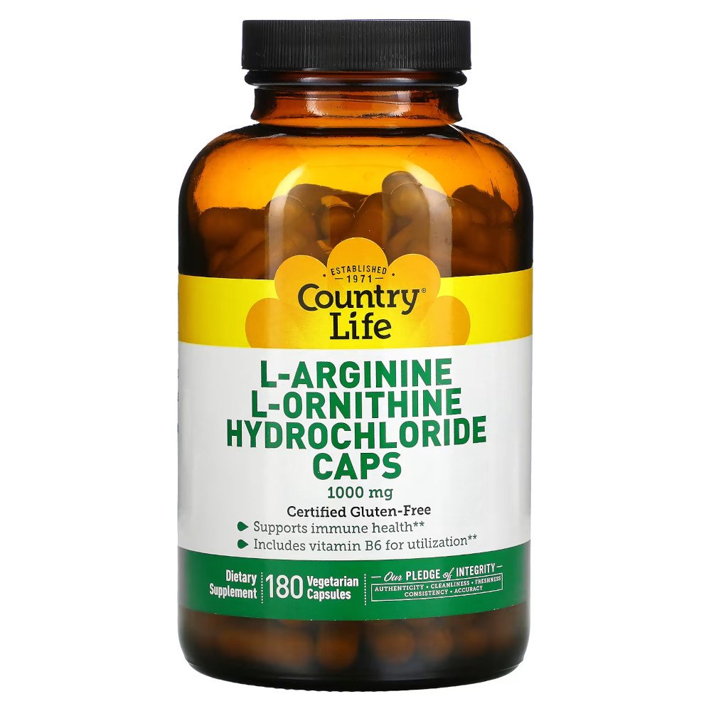 Аминокислота Country life L-Arginine &amp; L-Ornithine Hydrochloride, 180 вегакапсул,  ml, Country Life. Aminoácidos. 