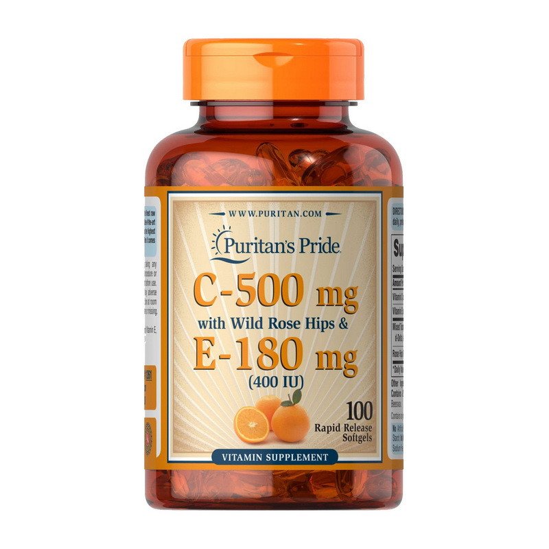 Puritan's Pride Витамин C Puritan's Pride Vitamin C-500 mg with Rose Hips & E-180 mg 100 капсул, , 