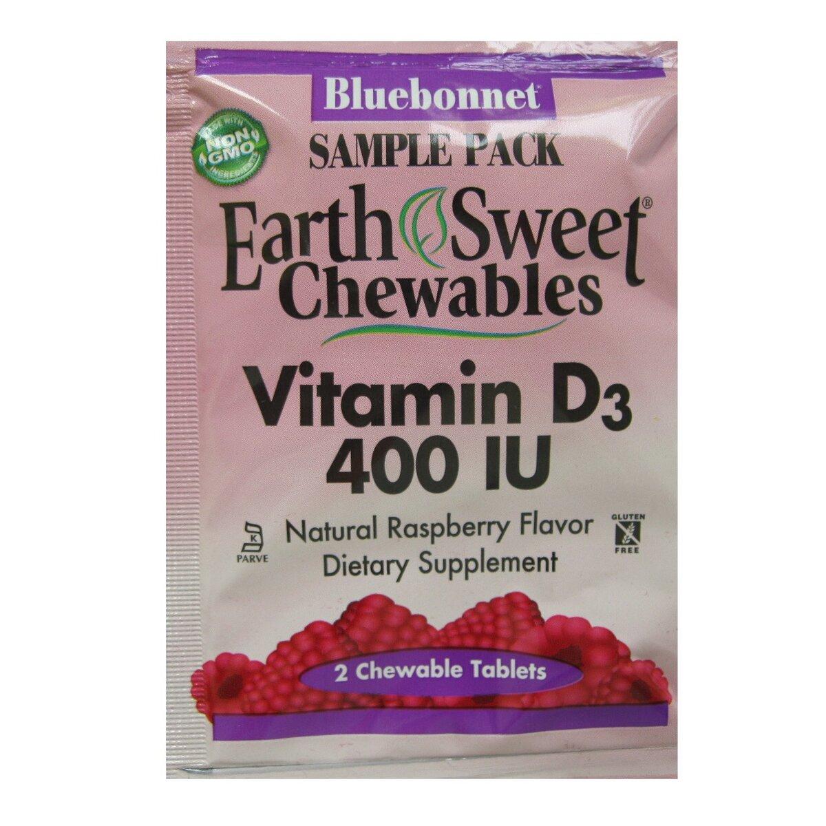 Витамин D3 400IU, Вкус Малины, Earth Sweet Chewables, Bluebonnet Nutrition, 2 жевательные таблетки,  мл, Bluebonnet Nutrition. Витамин D. 