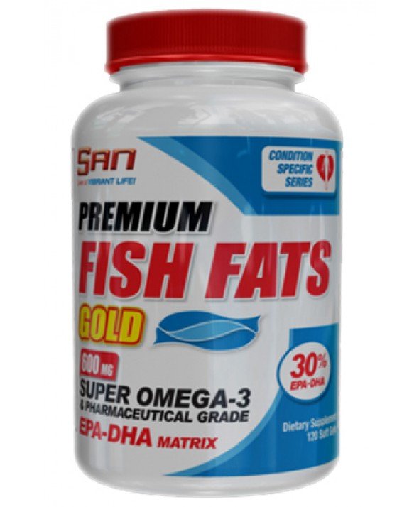 Fish Fats Gold, 120 шт, San. Омега 3 (Рыбий жир). Поддержание здоровья Укрепление суставов и связок Здоровье кожи Профилактика ССЗ Противовоспалительные свойства 