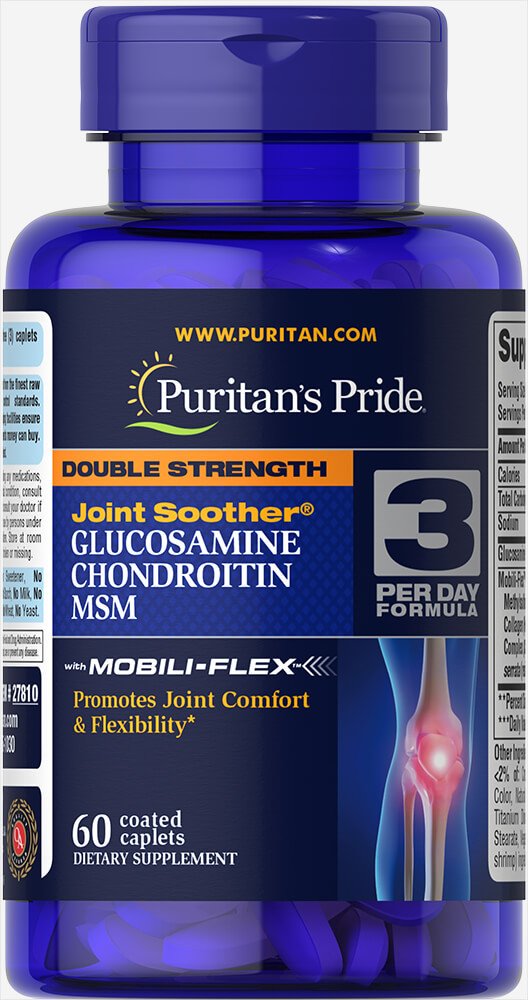 Puritan's Pride Глюкозамин хондроитин МСМ Puritan's Pride Double Strength Glucosamine, Chondroitin & MSM (60 капс) пуританс прайд, , 60 