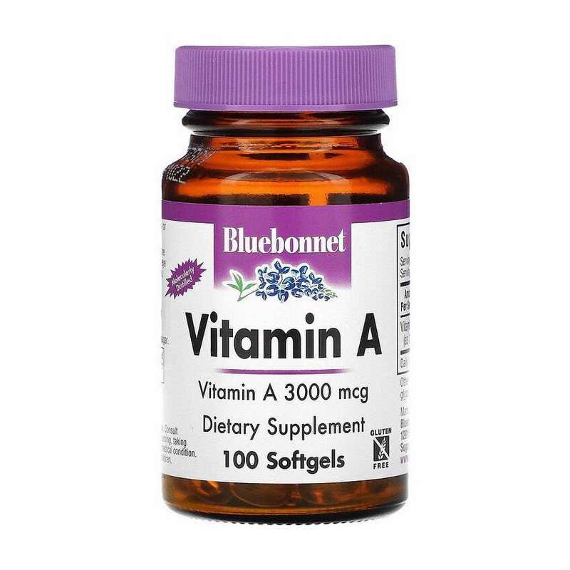 Витамин А Bluebonnet Nutrition Vitamin A 3000 mcg 100 капсул,  мл, Bluebonnet Nutrition. Витамин А. Поддержание здоровья Укрепление иммунитета Здоровье кожи Укрепление волос и ногтей Антиоксидантные свойства 