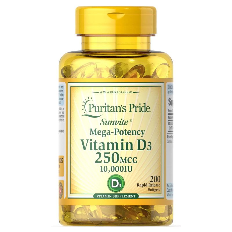 Витамины и минералы Puritan's Pride Vitamin D3 10000 IU, 200 капсул,  ml, Puritan's Pride. Vitamins and minerals. General Health Immunity enhancement 