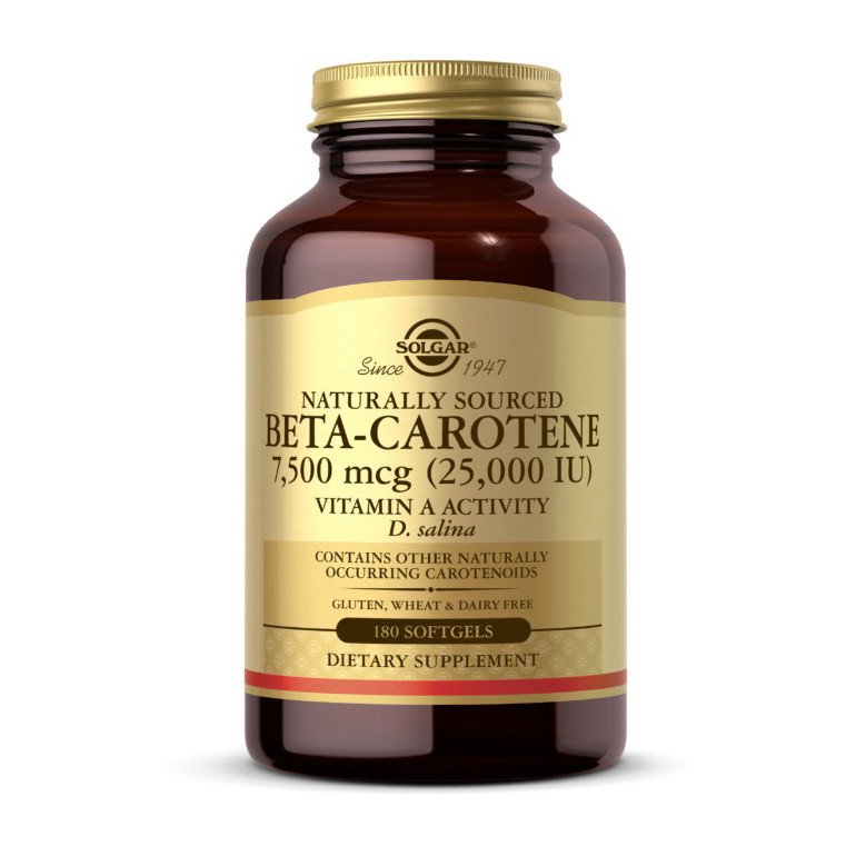 Бета-каротин Solgar Beta-Carotene 25000 IU 7500 mcg 180 капсул,  мл, Solgar. Витамин А. Поддержание здоровья Укрепление иммунитета Здоровье кожи Укрепление волос и ногтей Антиоксидантные свойства 
