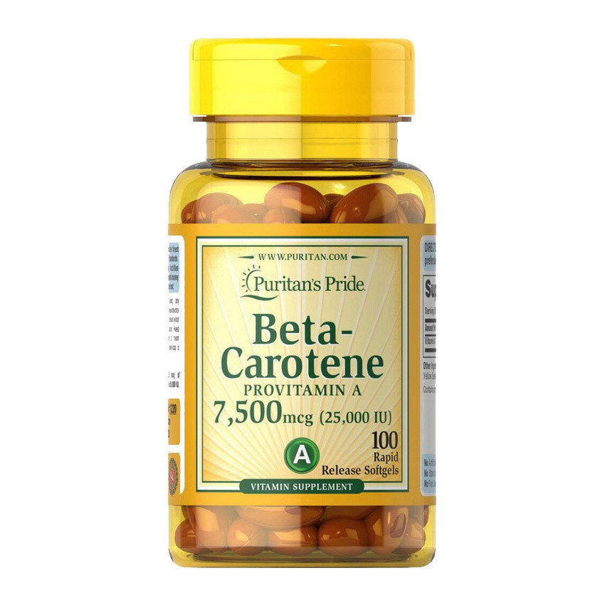 Бета-каротин Puritan's Pride Beta-Carotene 7500 mcg 100 капсул,  мл, Puritan's Pride. Витамин А. Поддержание здоровья Укрепление иммунитета Здоровье кожи Укрепление волос и ногтей Антиоксидантные свойства 