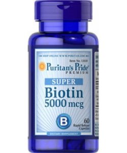 Super Biotin 5000 mcg, 60 шт, Puritan's Pride. Биотин. Поддержание здоровья Здоровье кожи Укрепление волос и ногтей Снижение веса Ускорение метаболизма 