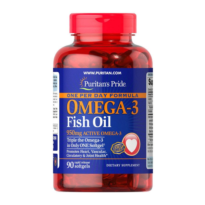 Омега 3 Puritan's Pride Omega-3 Fish Oil 950 mg One Per Day (90 капс) рыбий жир пуританс прайд,  мл, Puritan's Pride. Омега 3 (Рыбий жир). Поддержание здоровья Укрепление суставов и связок Здоровье кожи Профилактика ССЗ Противовоспалительные свойства 