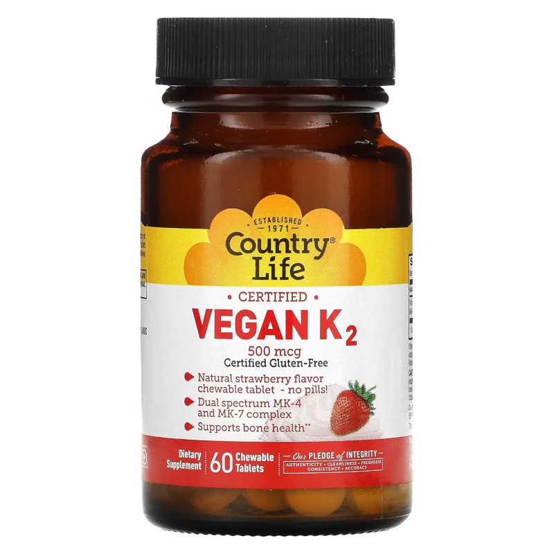 Витамины и минералы Country Life Vegan K2 500 mcg, 60 жевательных таблеток Клубника,  ml, Country Life. Vitamins and minerals. General Health Immunity enhancement 
