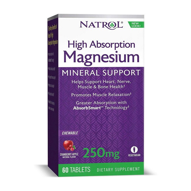Магний Natrol Magnesium High Absorption 250 mg (60 tabs, cranberry apple) натрол,  мл, Natrol. Магний Mg. Поддержание здоровья Снижение холестерина Предотвращение утомляемости 