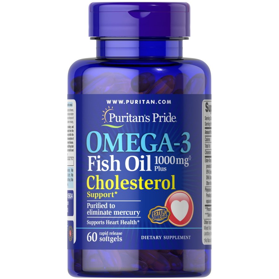 Жирные кислоты Puritan's Pride Omega 3 Fish Oil 1000 mg Plus Cholesterol Support, 60 капсул,  мл, Puritan's Pride. Жирные кислоты (Omega). Поддержание здоровья 