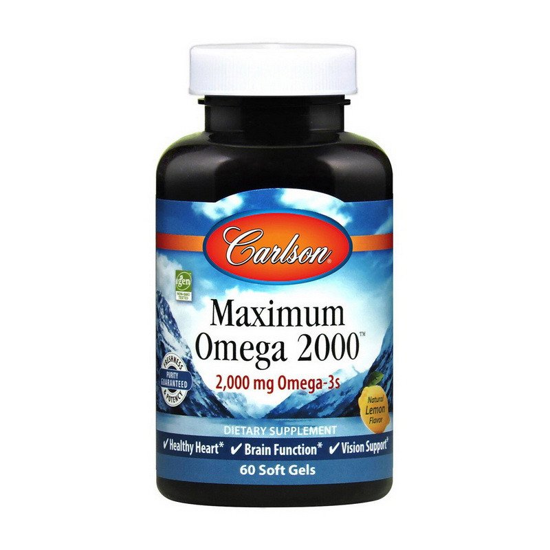 Омега 3 Carlson Labs Maximum Omega 2000 mg 60 капсул,  мл, Carlson Labs. Омега 3 (Рыбий жир). Поддержание здоровья Укрепление суставов и связок Здоровье кожи Профилактика ССЗ Противовоспалительные свойства 