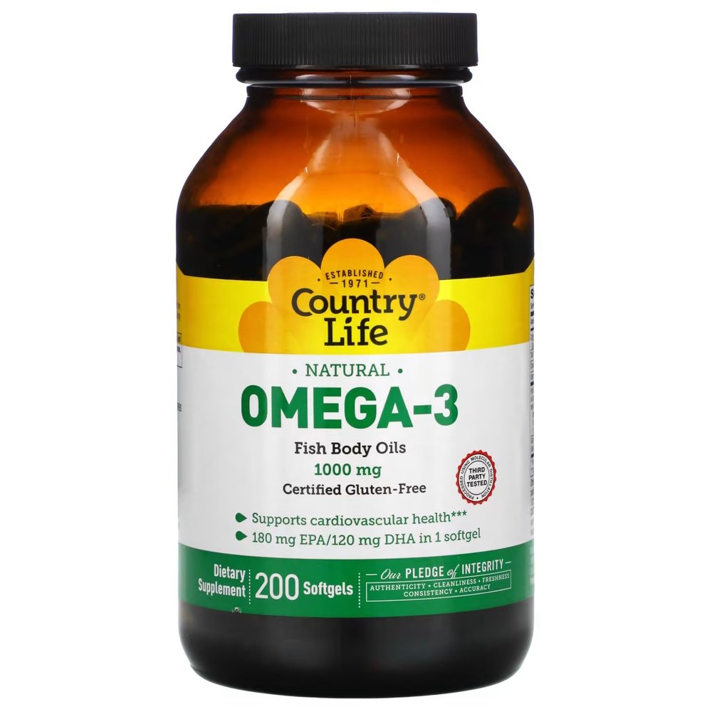Жирные кислоты Country Life Natural Omega-3 1000 mg, 200 капсул,  мл, Country Life. Жирные кислоты (Omega). Поддержание здоровья 