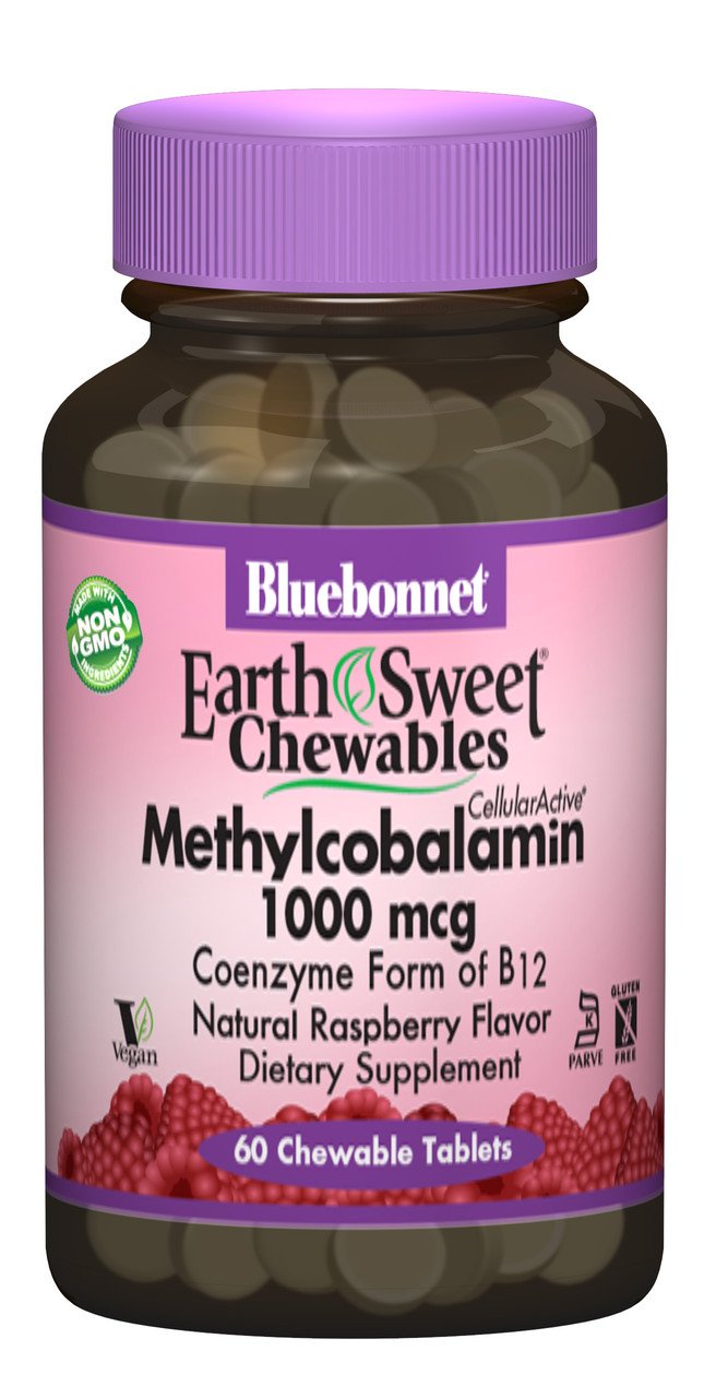 Метилкобаламин (В12) 1000мкг, Вкус Малины, Earth Sweet Chewables, Bluebonnet Nutrition, 60 жевательных таблеток,  мл, Bluebonnet Nutrition. Витамин B. Поддержание здоровья 