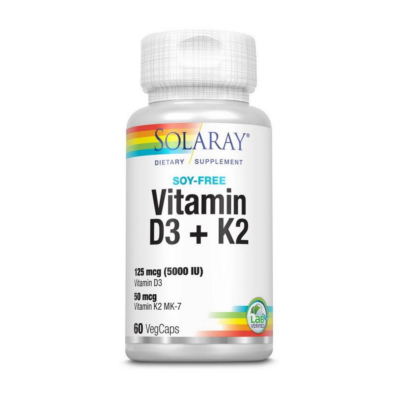 Solaray Витамин Д3 + К2 Solaray Vitamin D3+K2 soy free 60 капсул, , 