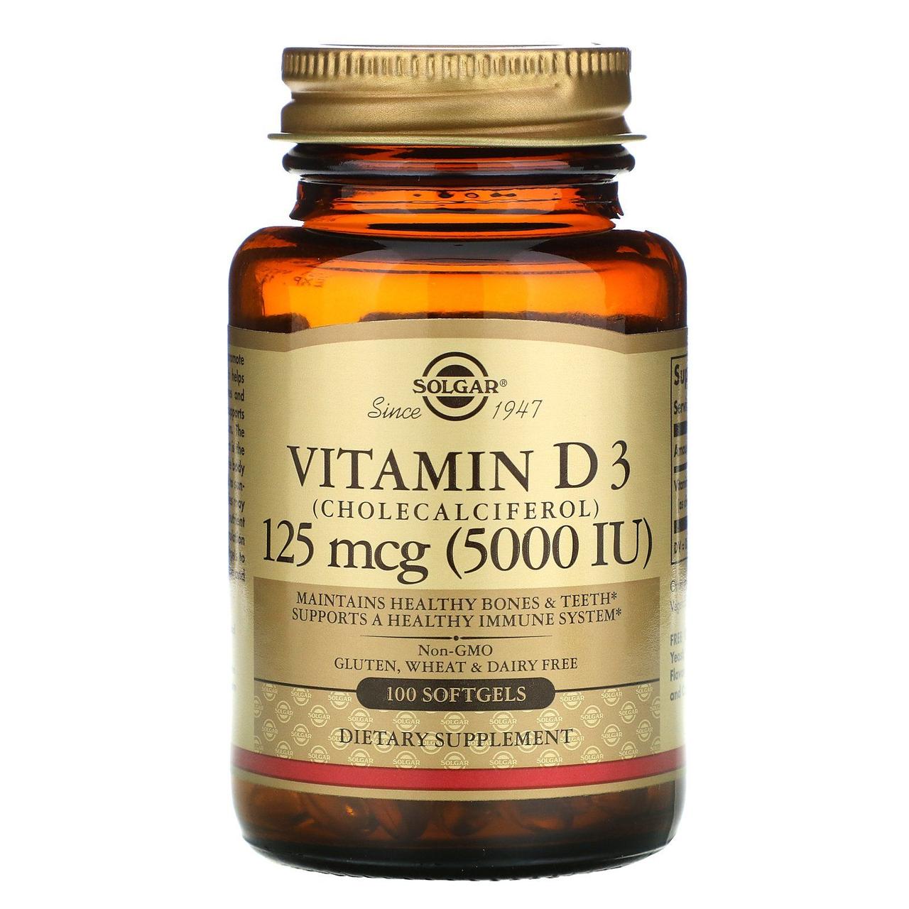 Solgar Vitamin D3 (Cholecalciferol) 125 mcg (5000 IU) 100 Softgels,  мл, Solgar. Витамины и минералы. Поддержание здоровья Укрепление иммунитета 