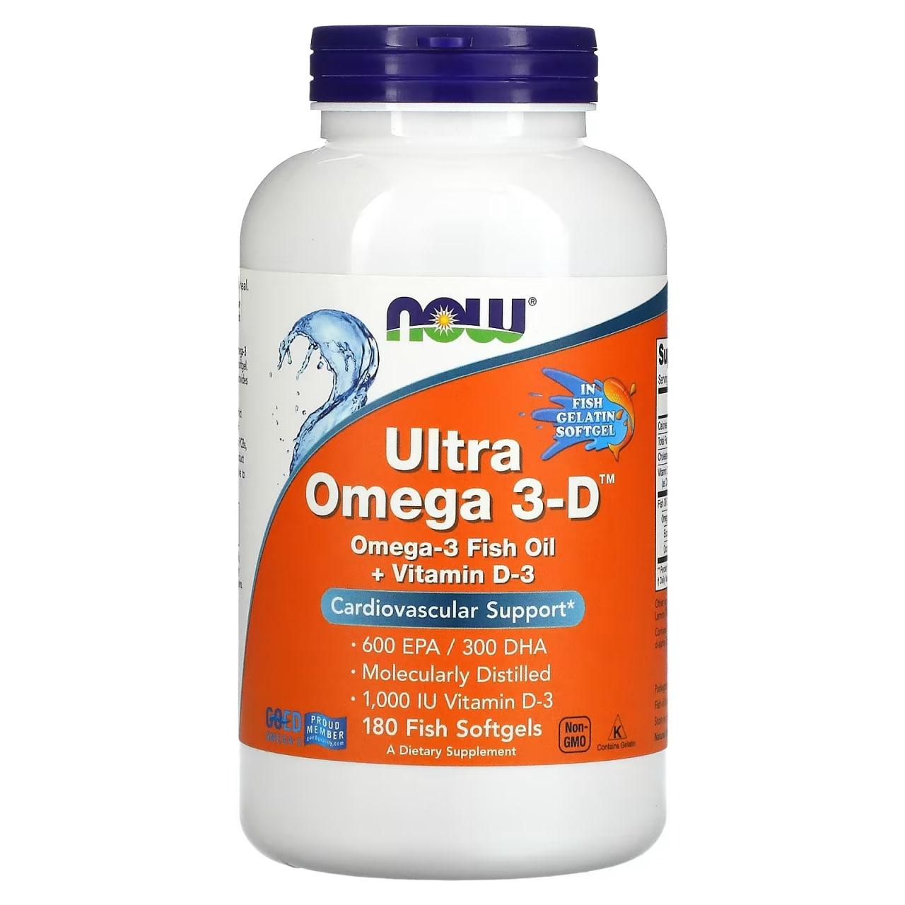 NOW Foods Ultra Omega 3-D 180 Fish Softgels (600 EPA/300 DHA + 1000 IU D3),  мл, Now. Омега 3 (Рыбий жир). Поддержание здоровья Укрепление суставов и связок Здоровье кожи Профилактика ССЗ Противовоспалительные свойства 