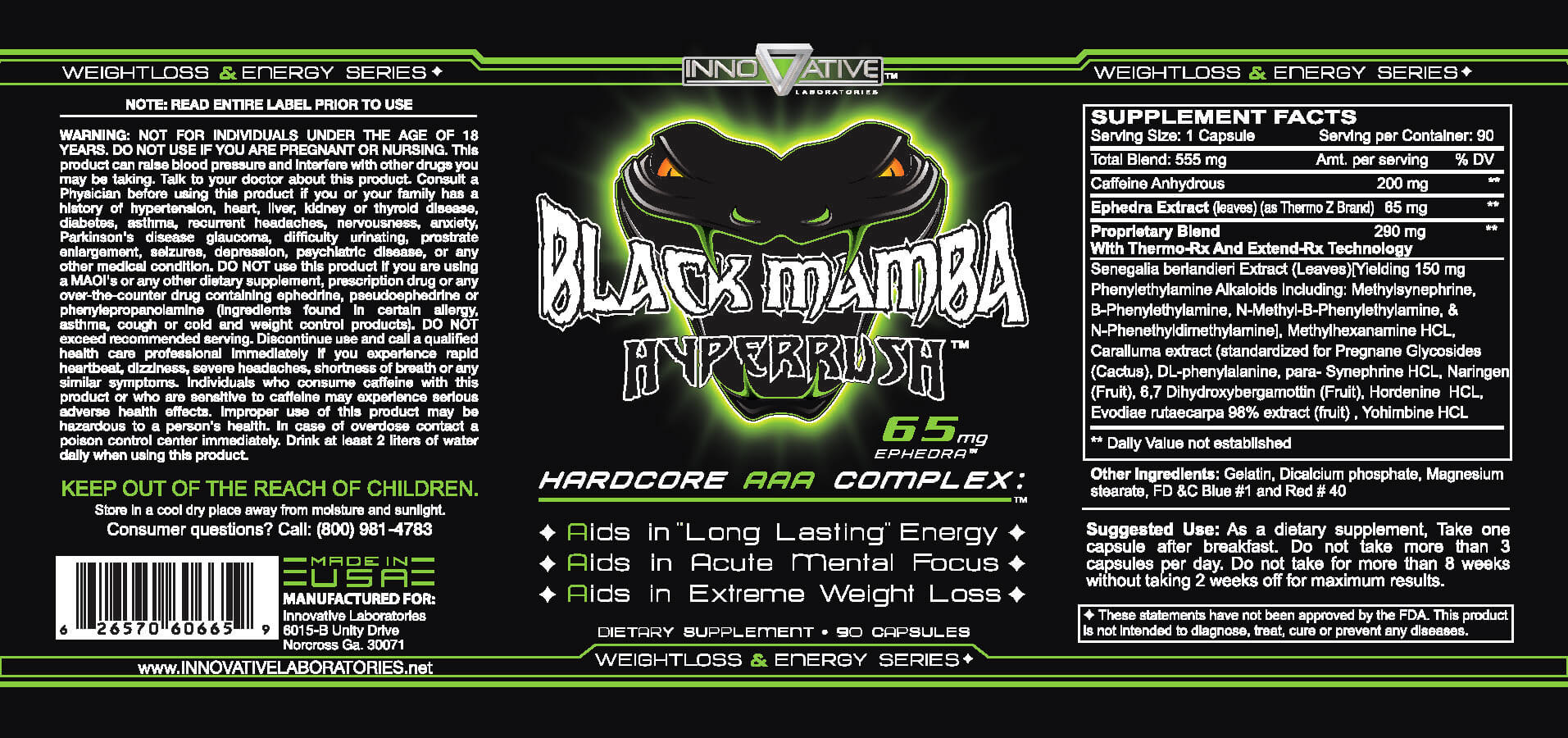 Black Mamba Hyperrush, 90 piezas, Innovative Labs. Termogénicos
