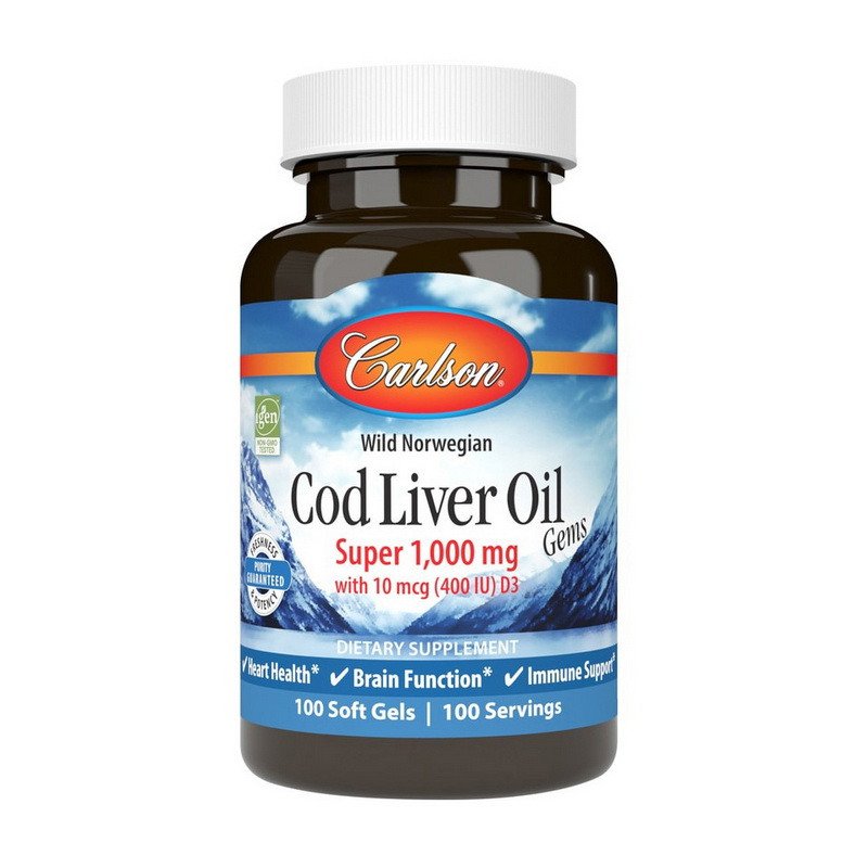 Омега 3 Carlson Labs Cod Liver Oil Super 1000 mg With D3 100 капсул,  мл, Carlson Labs. Омега 3 (Рыбий жир). Поддержание здоровья Укрепление суставов и связок Здоровье кожи Профилактика ССЗ Противовоспалительные свойства 