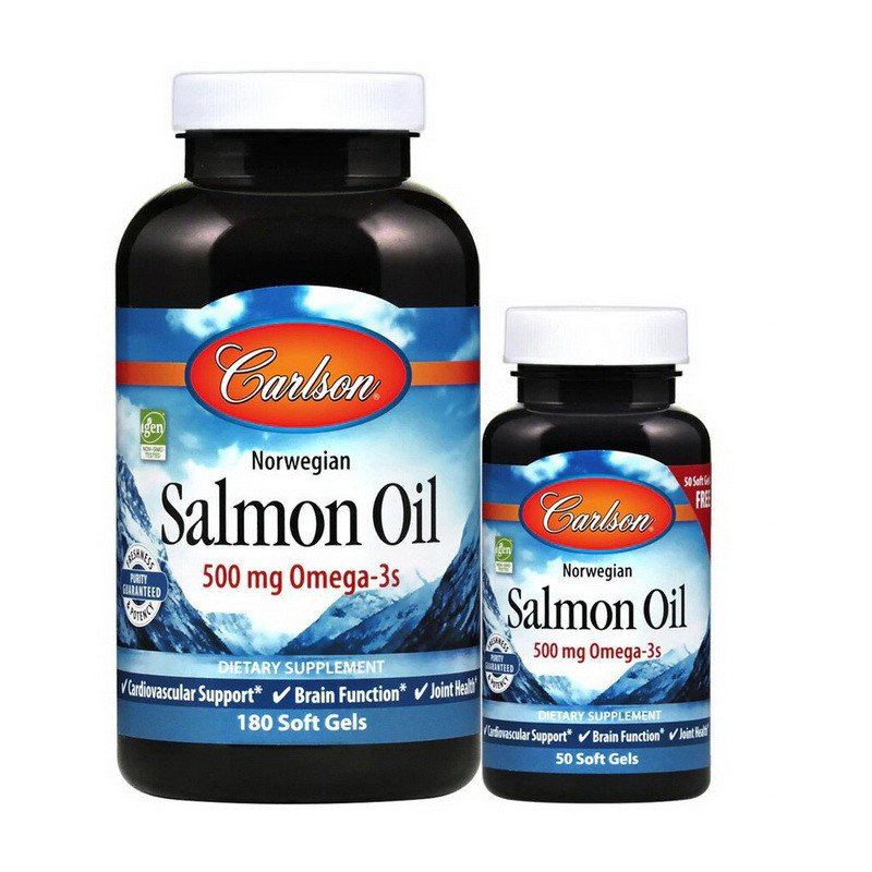 Омега 3 Carlson Labs Salmon Oil 500 mg Omega-3s (180+50 капс) рыбий жир карлсон лабс,  мл, Carlson Labs. Омега 3 (Рыбий жир). Поддержание здоровья Укрепление суставов и связок Здоровье кожи Профилактика ССЗ Противовоспалительные свойства 