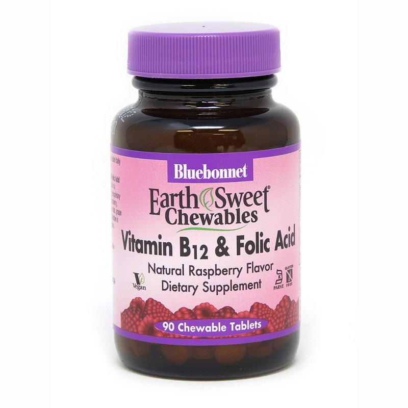 Витамины и минералы Bluebonnet Earth Sweet Chewables Vitamin В12 and Folic Acid, 90 жевательных таблеток,  мл, Bluebonnet Nutrition. Витамины и минералы. Поддержание здоровья Укрепление иммунитета 