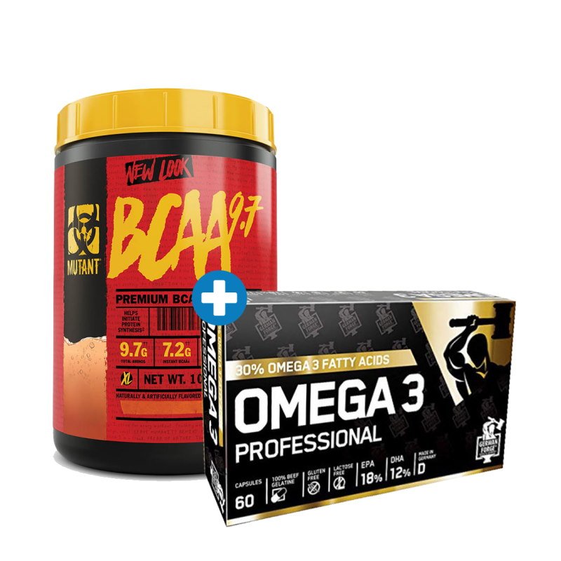BCAA Mutant BCAA 9.7 1.04 кг + German Forge Omega 3 Professional 60 капсул, SALE,  мл, Muscle Warfare. BCAA. Снижение веса Восстановление Антикатаболические свойства Сухая мышечная масса 
