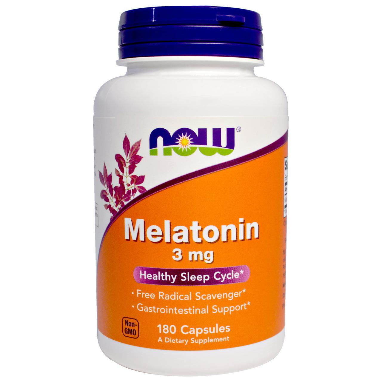 Melatonin 3 mg NOW Foods 180 Caps,  мл, Now. Мелатонин. Улучшение сна Восстановление Укрепление иммунитета Поддержание здоровья 