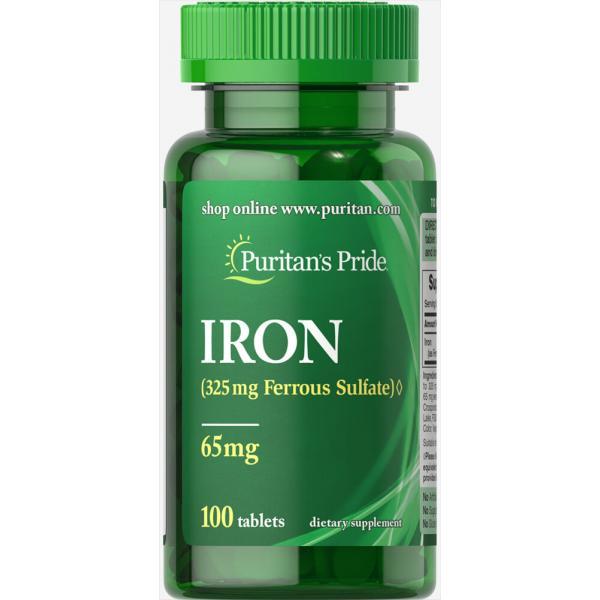 Iron Ferrous Sulfate 65 mg - 100 Tablets,  мл, Puritan's Pride. Железо. Поддержание здоровья 