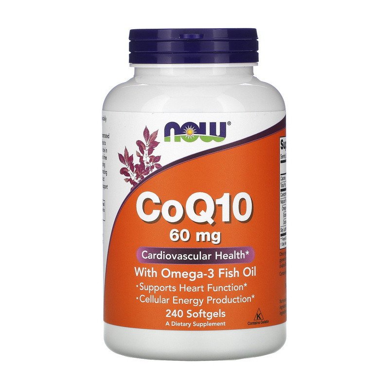 Коэнзим Q10 Now Foods CoQ10 60 mg with Omega-3 (240 капс) нау фудс,  мл, Now. Коэнзим-Q10. Поддержание здоровья Антиоксидантные свойства Профилактика ССЗ Толерантность к физ. нагрузкам 