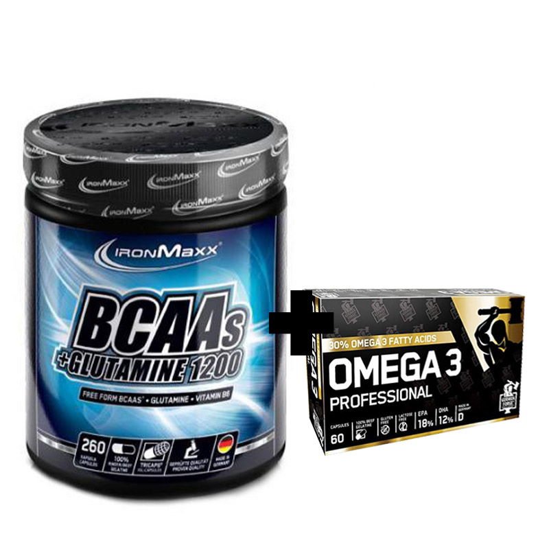 BCAA IronMaxx BCAA + Glutamine 1200 260 капсул + German Forge Omega 3 Professional 60 капсул, SALE,  ml, IronMaster. BCAA. Weight Loss recovery Anti-catabolic properties Lean muscle mass 