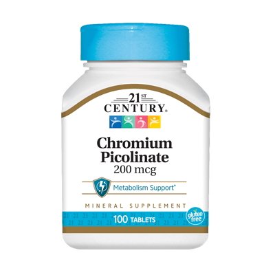 Витамины и минералы 21st Century Chromium Picolinate 200 mcg, 100 таблеток,  мл, 21st Century. Пиколинат хрома. Снижение веса Регуляция углеводного обмена Уменьшение аппетита 