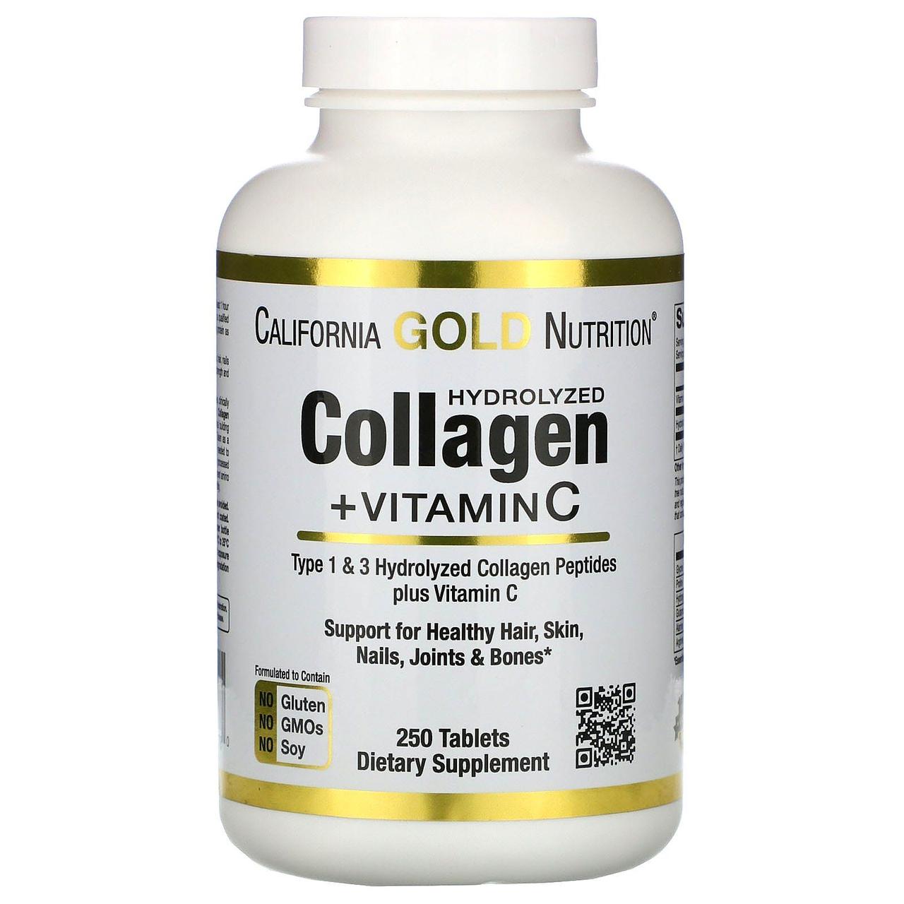 California Gold Nutrition Hydrolyzed Collagen Peptides + Vitamin C, Type 1 & 3, 250 Tabs,  ml, California Gold Nutrition. Colágeno. General Health Ligament and Joint strengthening Skin health 