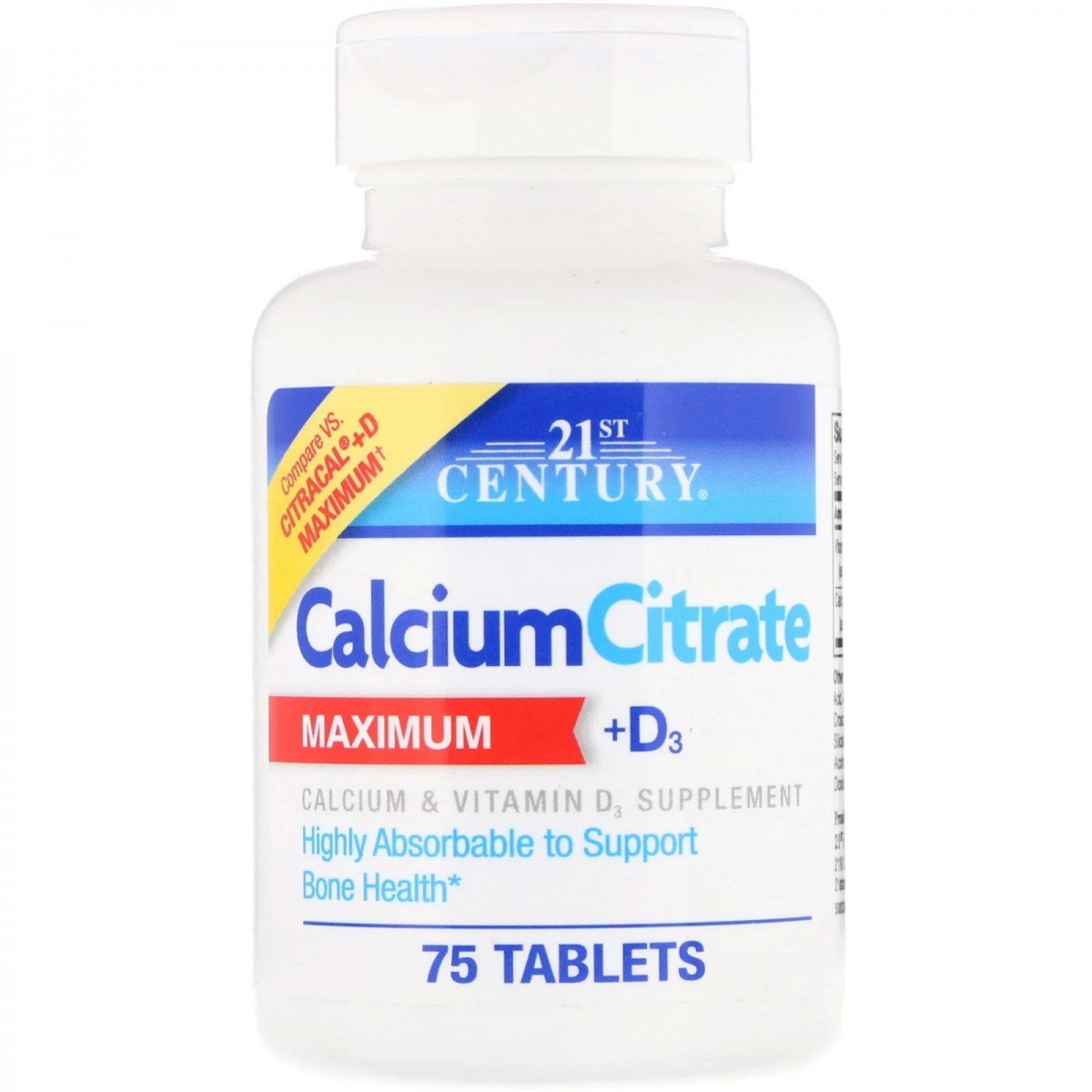 Комплекс 21st Century Calcium Citrate Maximum + D3 75 Tabs,  ml, 21st Century. Calcio Ca. 