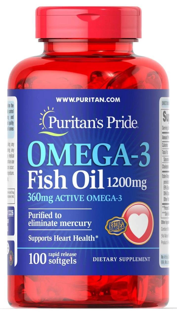 Омега 3 Puritan's Pride Omega-3 Fish Oil 1200 mg (360 mg Active Omega-3) 100 капсул (PUR1409),  мл, Puritan's Pride. Омега 3 (Рыбий жир). Поддержание здоровья Укрепление суставов и связок Здоровье кожи Профилактика ССЗ Противовоспалительные свойства 