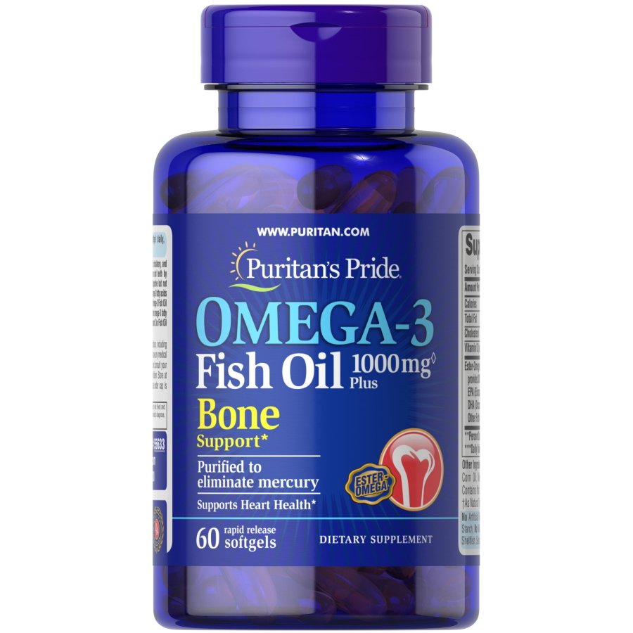 Жирные кислоты Puritan's Pride Omega 3 Fish Oil 1000 mg Plus Bone Support, 60 капсул,  мл, Puritan's Pride. Жирные кислоты (Omega). Поддержание здоровья 