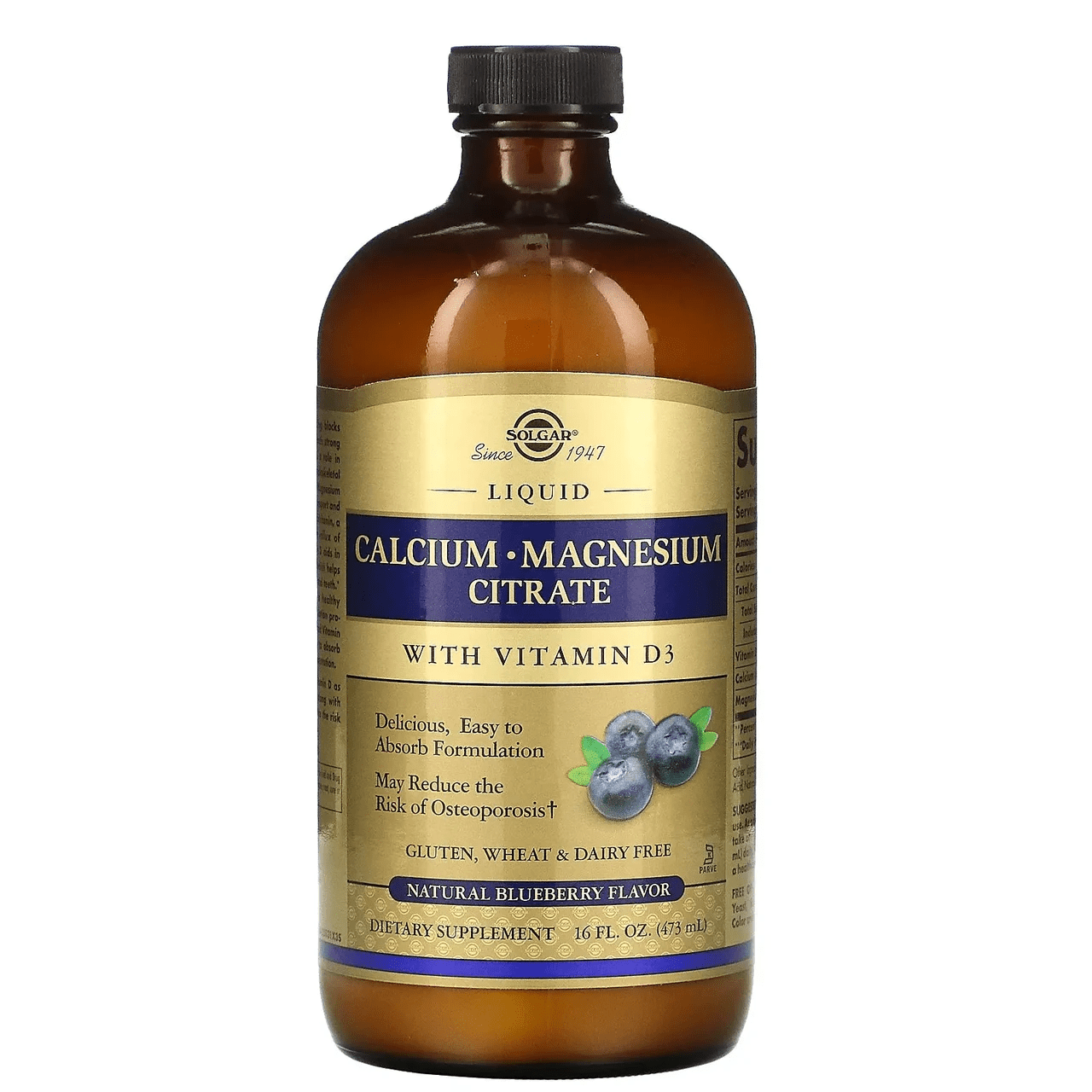 Solgar Микроэлемент кальций Solgar Liquid Calcium Magnesium Citrate With Vitamin D3 Natural Blueberry Flavor 473 ml, , 473 мл