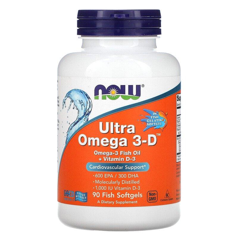 NOW Foods Ultra Omega 3-D 90 Fish Softgels (600 EPA/300 DHA + 1000 IU D3),  мл, Now. Омега 3 (Рыбий жир). Поддержание здоровья Укрепление суставов и связок Здоровье кожи Профилактика ССЗ Противовоспалительные свойства 